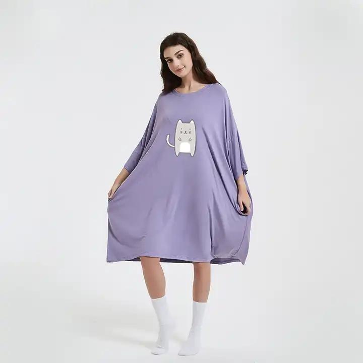 Pijama de bambú personalizado, camiseta de dormir, vestido largo para mujer - Negro
