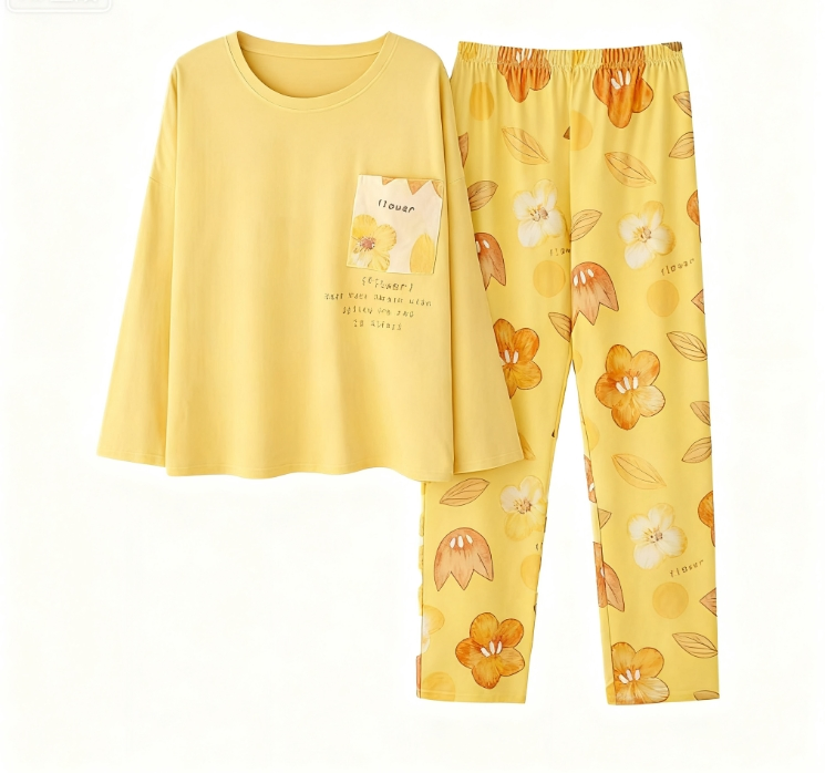 Los fabricantes venden pijamas de talla grande para mujeres, ropa de estar por casa de primavera y otoño, conjuntos sencillos y sueltos de manga larga con función de calidez