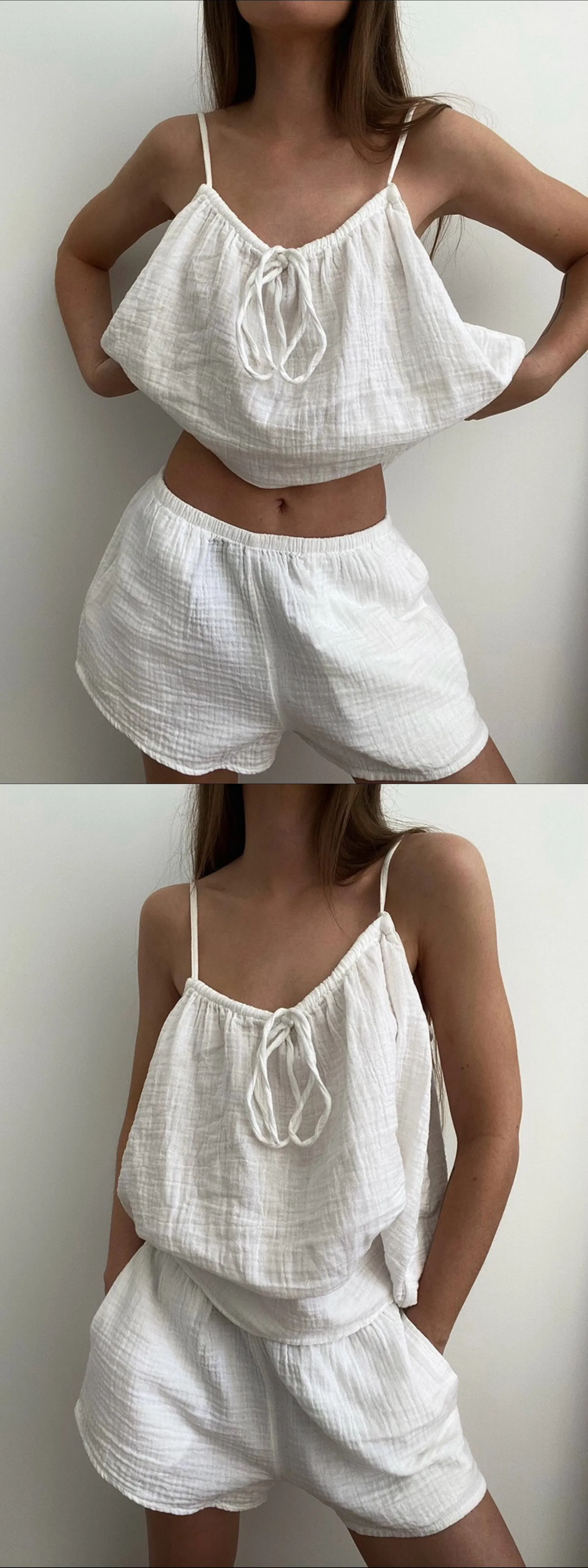 Conjunto de pijama de algodón crepe suave y transpirable, cómodo para el hogar, verano de chicas suaves