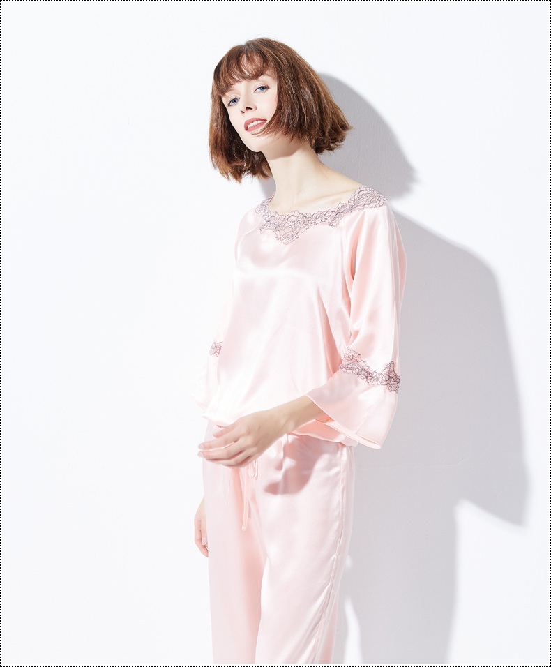 Conjunto de pijama de seda pura para dama con bordado de lujo 100%