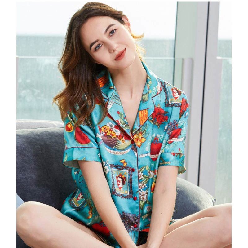 Pijama de Seda Mulberry Impresa 100% para Mujeres