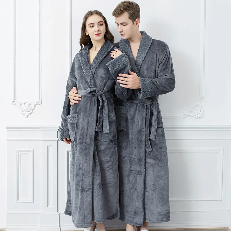 Venta Caliente Otoño Invierno Bata de Franela Larga Talla Grande Unisex Pijamas de Pareja Ropa de Casa Cálida