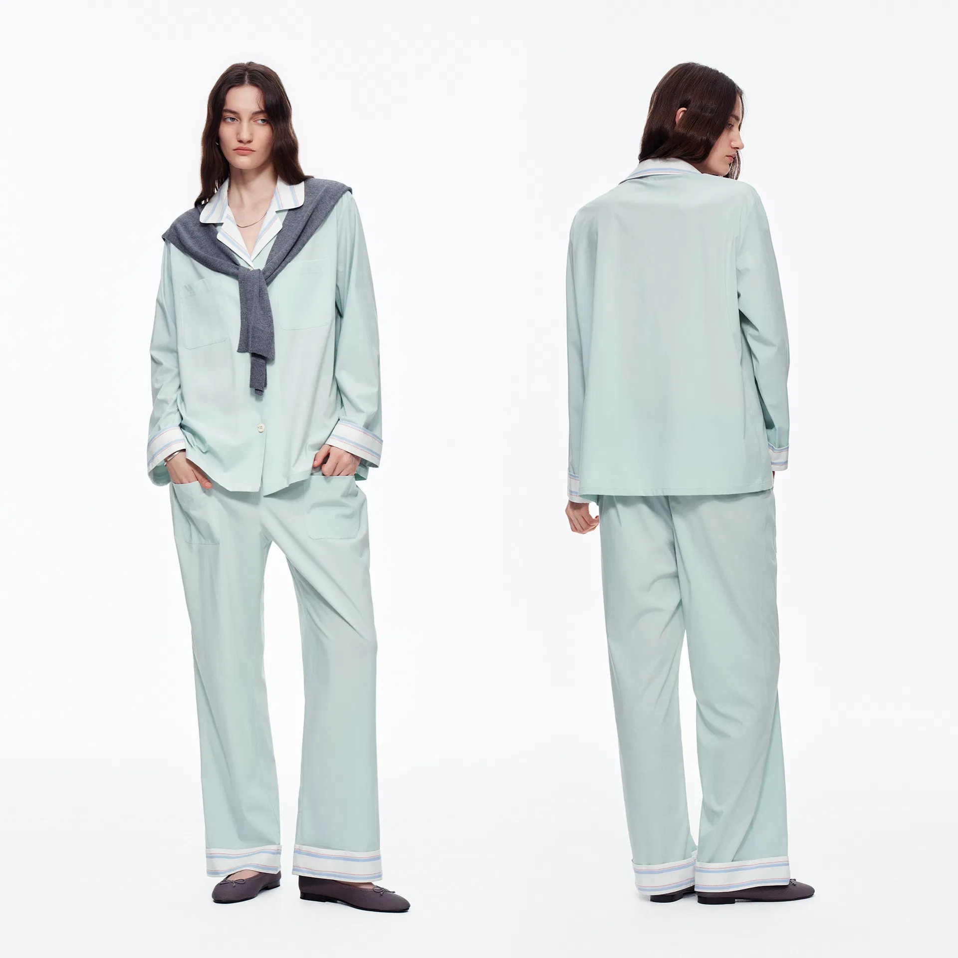 Women Minimalist Solid Breathable Fabric Long Sleeve Casual Antibacterial Loungewear Pajamas