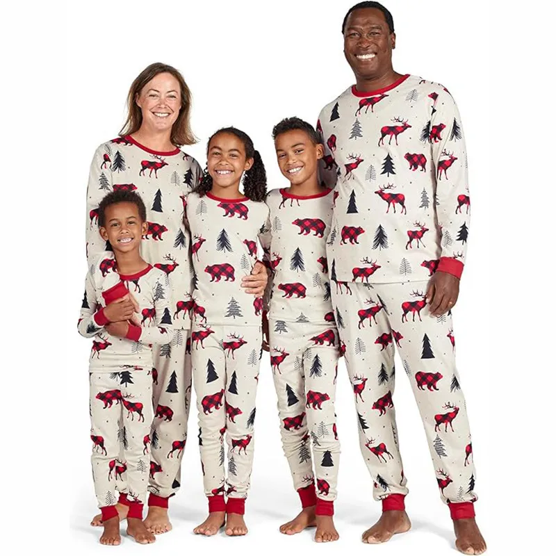 Pijamas navideños a juego para toda la familia con letras impresas de ciervos pequeños, conjunto de pijamas de algodón rojo