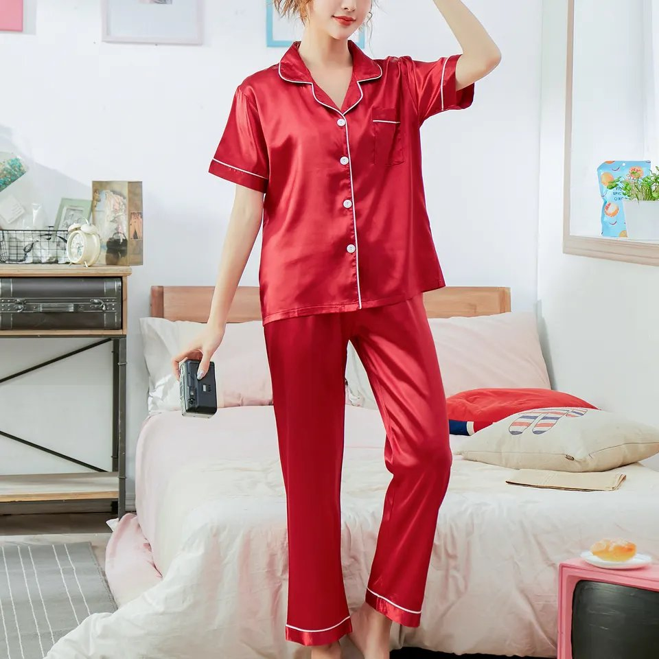 Conjunto de Pijamas de Satén Sólido para Mujeres de Manga Corta con Cuello y Botones 2 Prenda de Ropa de Casa Suave y Sedosa para Dormir Ropa de Noche Casual