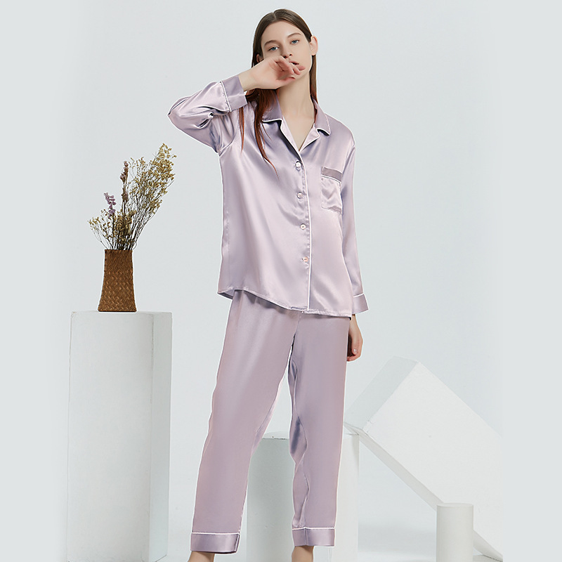 Pijamas de Seda para Mujeres Con Manga Larga Conjunto de Pijamas de Satén Conjuntos de Pj 2 Pieza Botón Abajo Ropa de Casa Ropa de Dormir