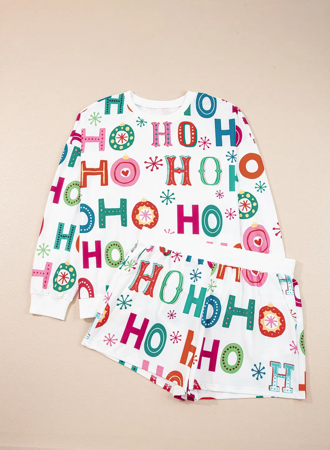 Boutique Mayorista Tallas Grandes Navidad Ho Ho Ho Impresión de Manga Larga Top y Pantalones Cortos 2PC Conjunto de Lounge Pijamas y Ropa de Dormir para Mujeres