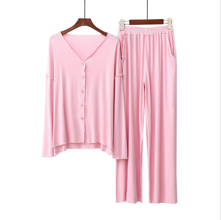 Pijamas de algodón de color puro para invierno, de manga larga, dos piezas, ropa de casa para mujeres, pijamas casuales de cuello redondo, conjunto de dos piezas, ropa de descanso con botones