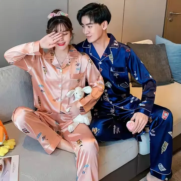 Pijamas de seda de manga larga para mujeres, ropa de dormir de primavera, loungewear con estampado de dibujos animados para parejas