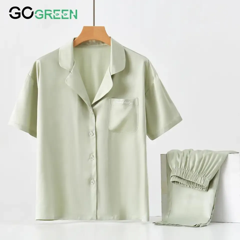 Pijamas de lyocell al por mayor 100% Con fibra orgánica conjunto de pijamas para damas de manga corta ropa de casa 2 piezas de ropa de descanso