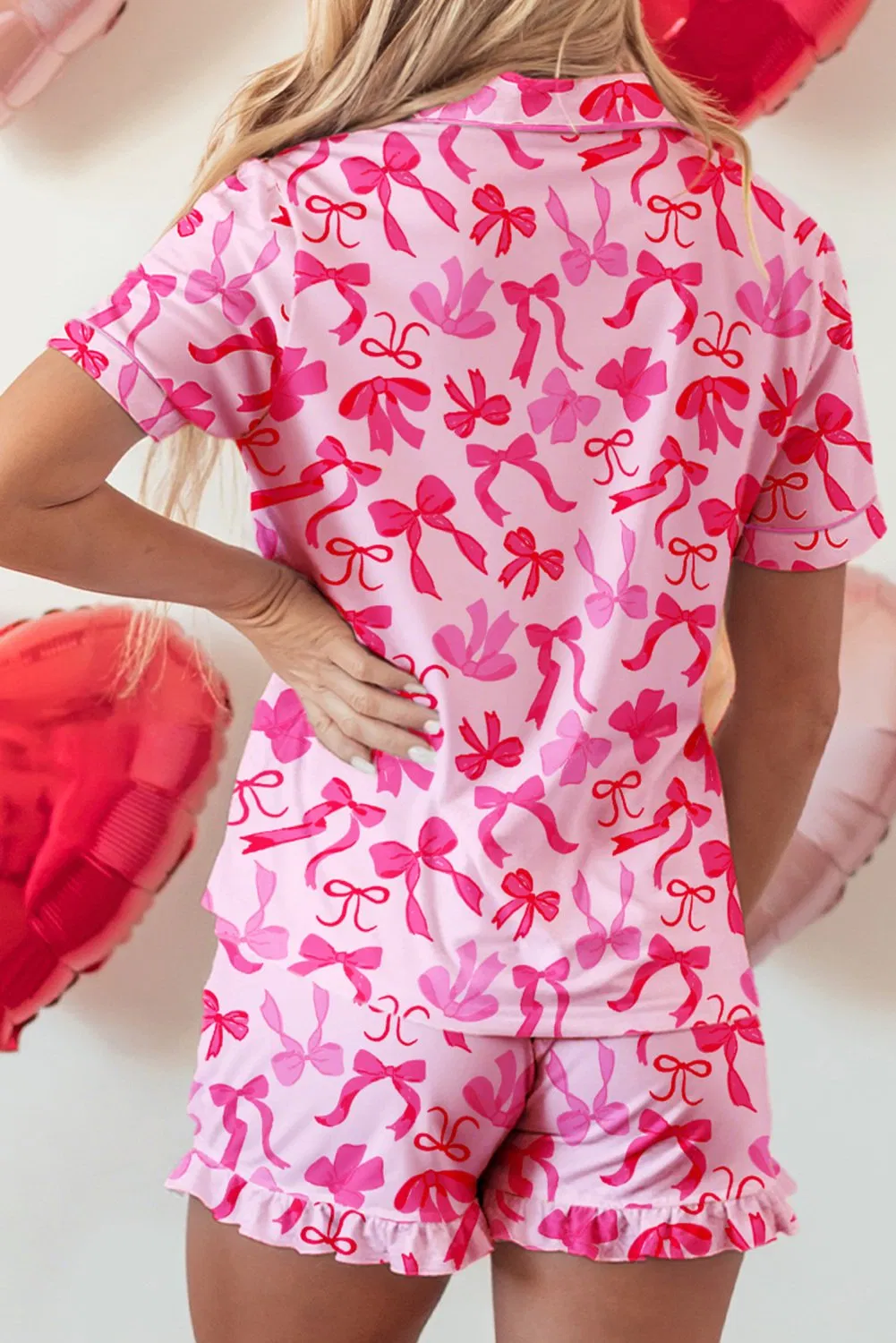Querido Amante Exclusivo Mayorista Dropshipping Boutique Ropa Mujeres Fabricantes Camisa Estilo Con Pipa Impresa de Lazo Romántico 2PCS Conjunto de Pijama Corto de San Valentín