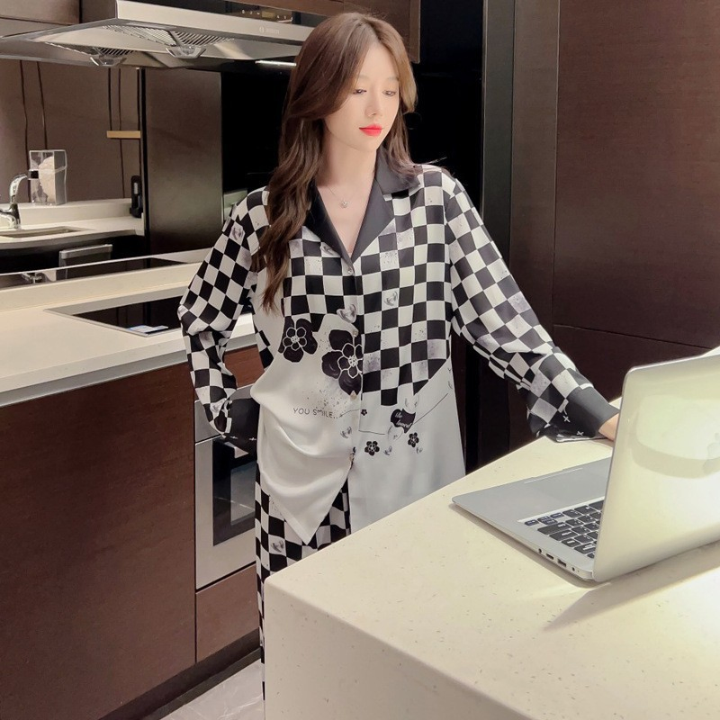 Pijamas de lujo personalizados para damas con botones, ropa de noche de diseño, mujeres con estampado de flores en seda satinada