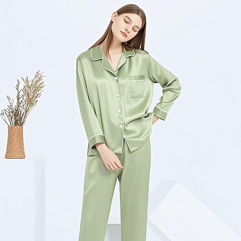 Pijamas de Seda para Mujeres Con Manga Larga Conjunto de Pijamas de Satén Conjuntos de Pj 2 Pieza Botón Abajo Ropa de Casa Ropa de Dormir
