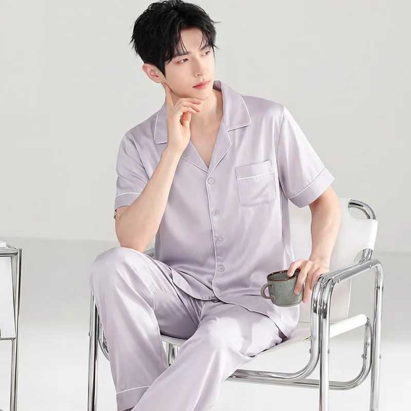Conjunto de pijama de seda helada transpirable para hombres, de manga corta y pantalones largos, para el verano, talla grande, ropa de casa