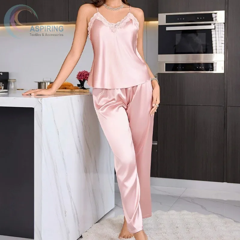 Ropa de hogar transpirable, vestido de encaje con tirantes, camisón femenino de satén, pijamas para mujeres