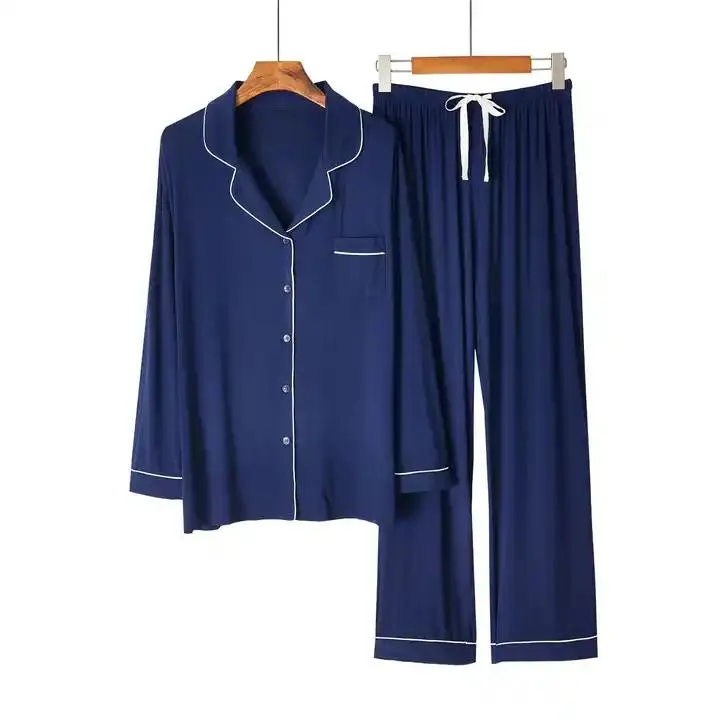 Conjunto de pijama de mujer de modal de bambú, color sólido, de manga larga, con cuello, suelto y casual