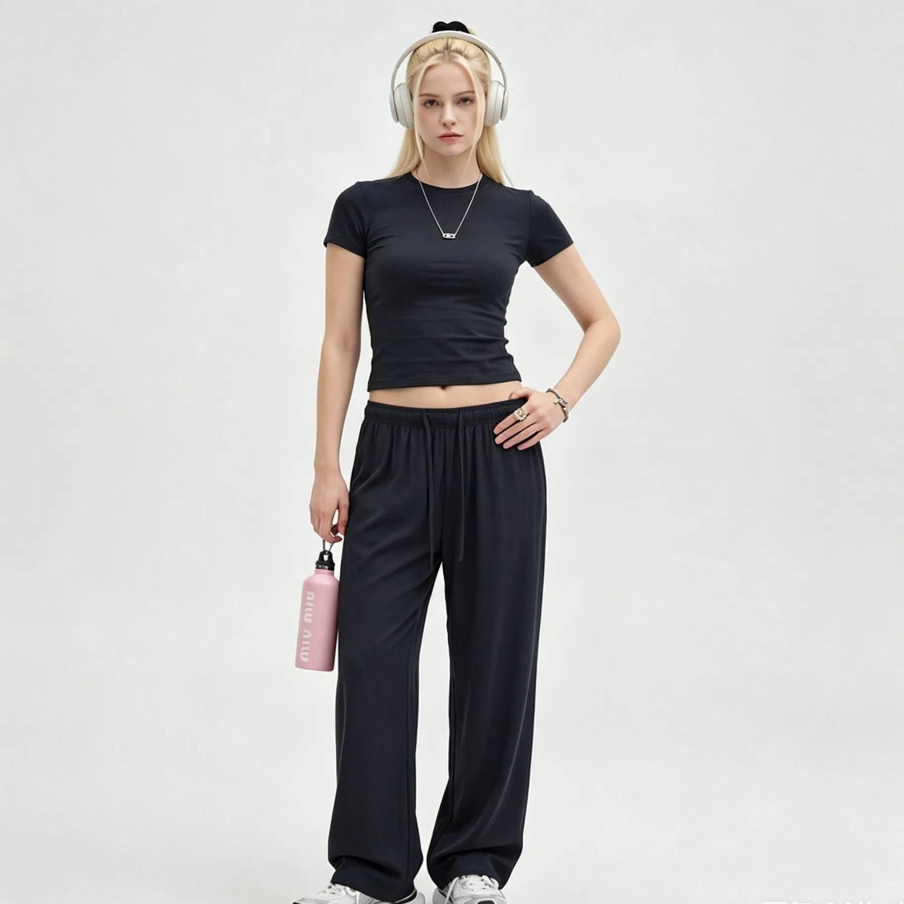 Conjunto de pijama deportivo casual de dos piezas, pantalones de cintura alta, de manga corta y de longitud completa