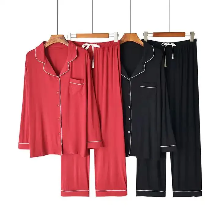Conjunto de pijama de mujer de modal de bambú, color sólido, de manga larga, con cuello, suelto y casual