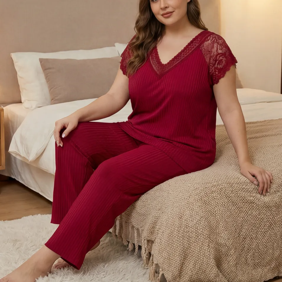 Conjunto de pijama de mujer de talla grande con ribete acanalado, camiseta corta de cuello en V, ropa de descanso y sueño