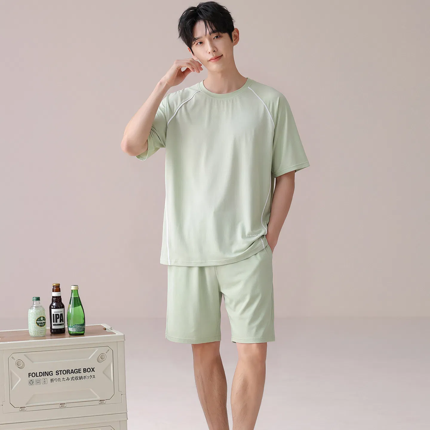 Conjunto de pijama corto de manga corta suelto y simple para hombres, de poliéster elástico y delgado, ideal para el verano, uso casual al aire libre y en casa