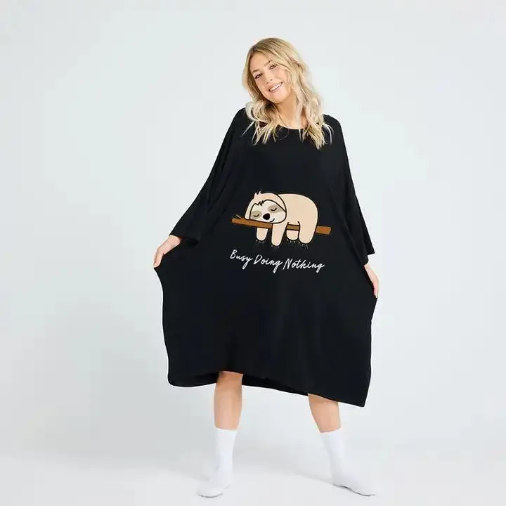Pijama de bambú personalizado, camiseta de dormir, vestido largo para mujer - Negro