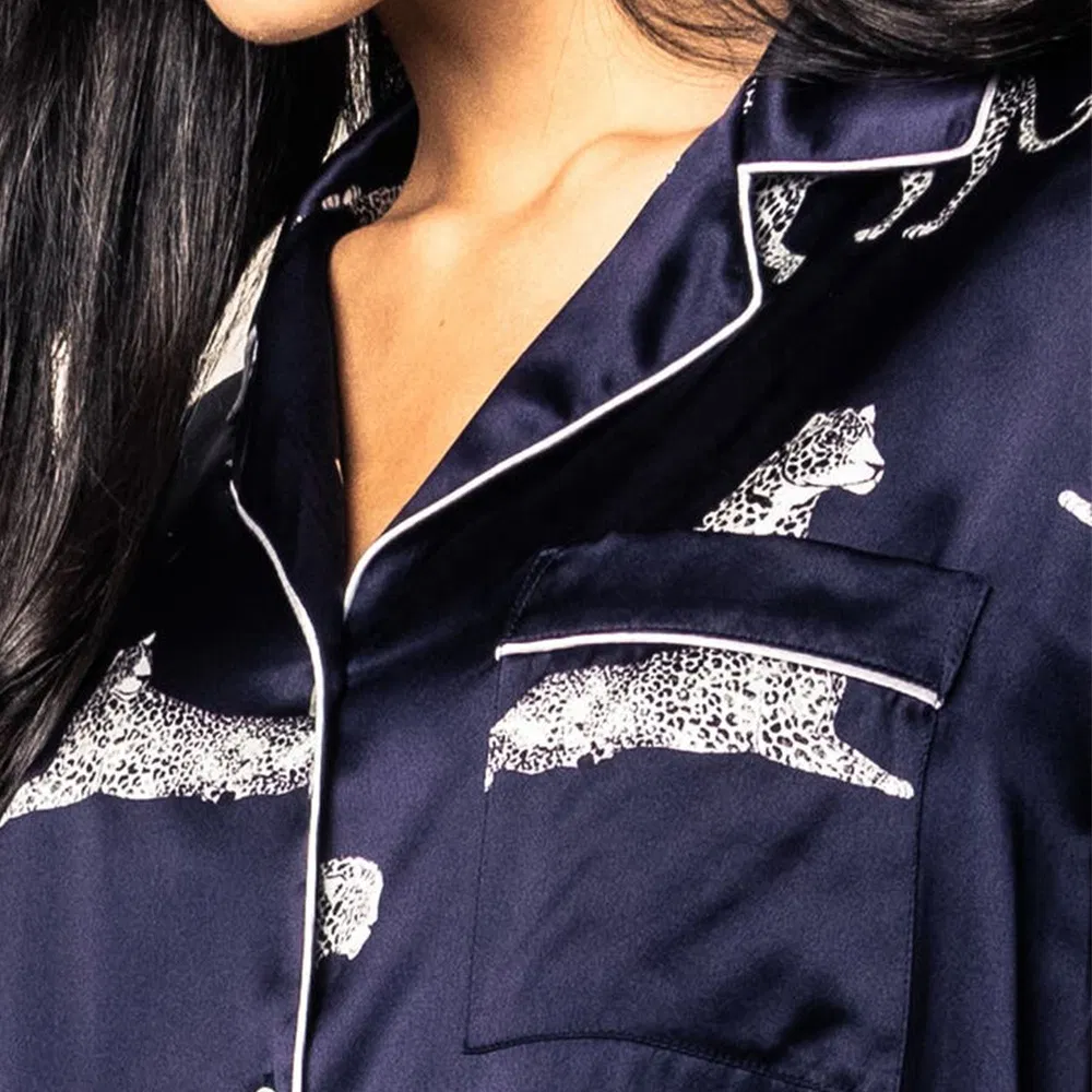 Conjunto de pijama de seda para mujeres con estampado de animales 2 Piezas conjunto de pijama de seda de lujo con estampado geométrico para mujeres