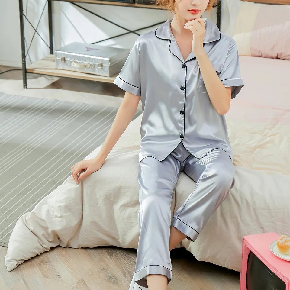 Conjunto de Pijamas de Satén Sólido para Mujeres de Manga Corta con Cuello y Botones 2 Prenda de Ropa de Casa Suave y Sedosa para Dormir Ropa de Noche Casual