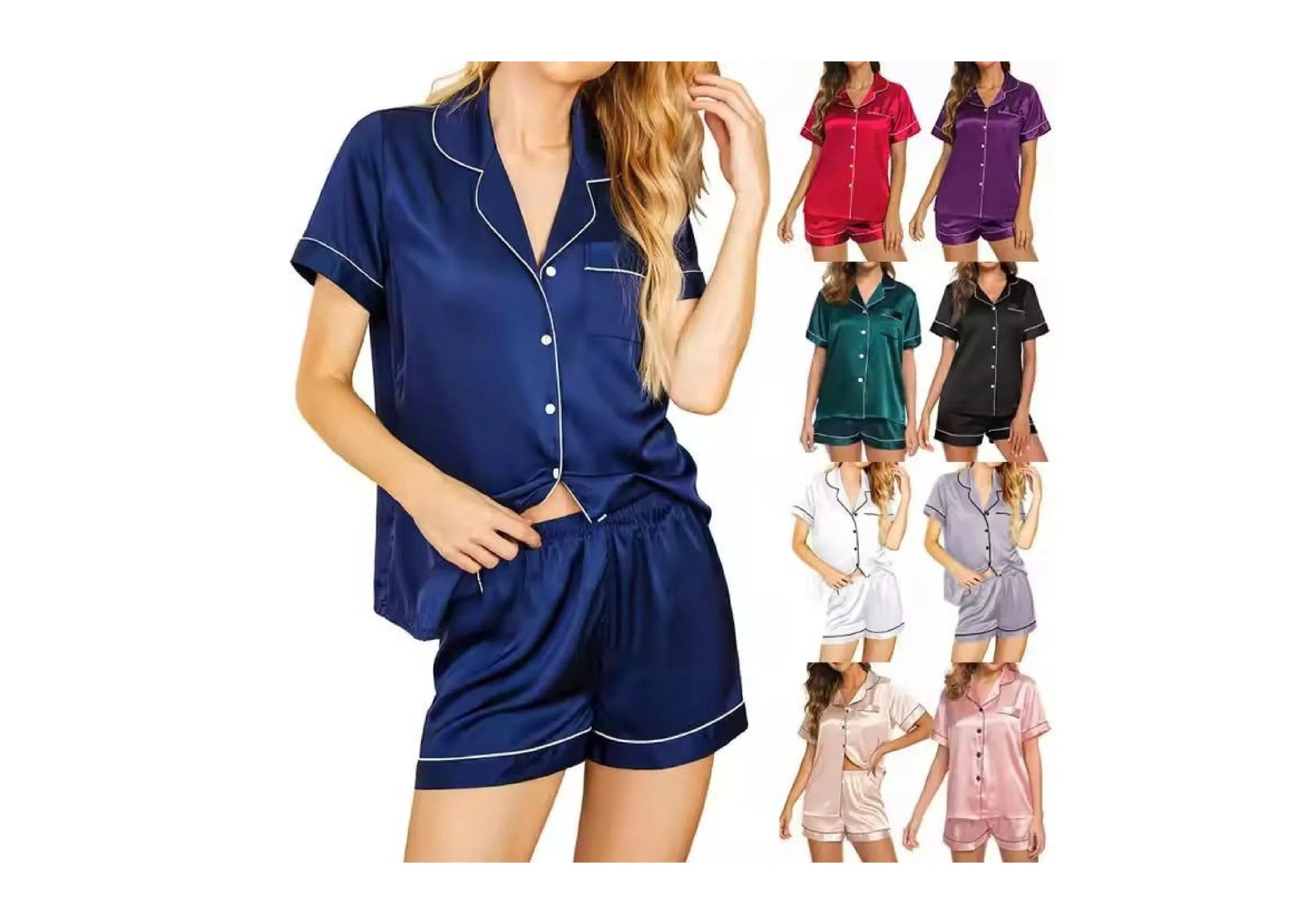 Pijamas de satén de seda para mujer de verano con cinturilla elástica, cuello vuelto, suaves y cómodos, conjunto de dos piezas de secado rápido para chicas
