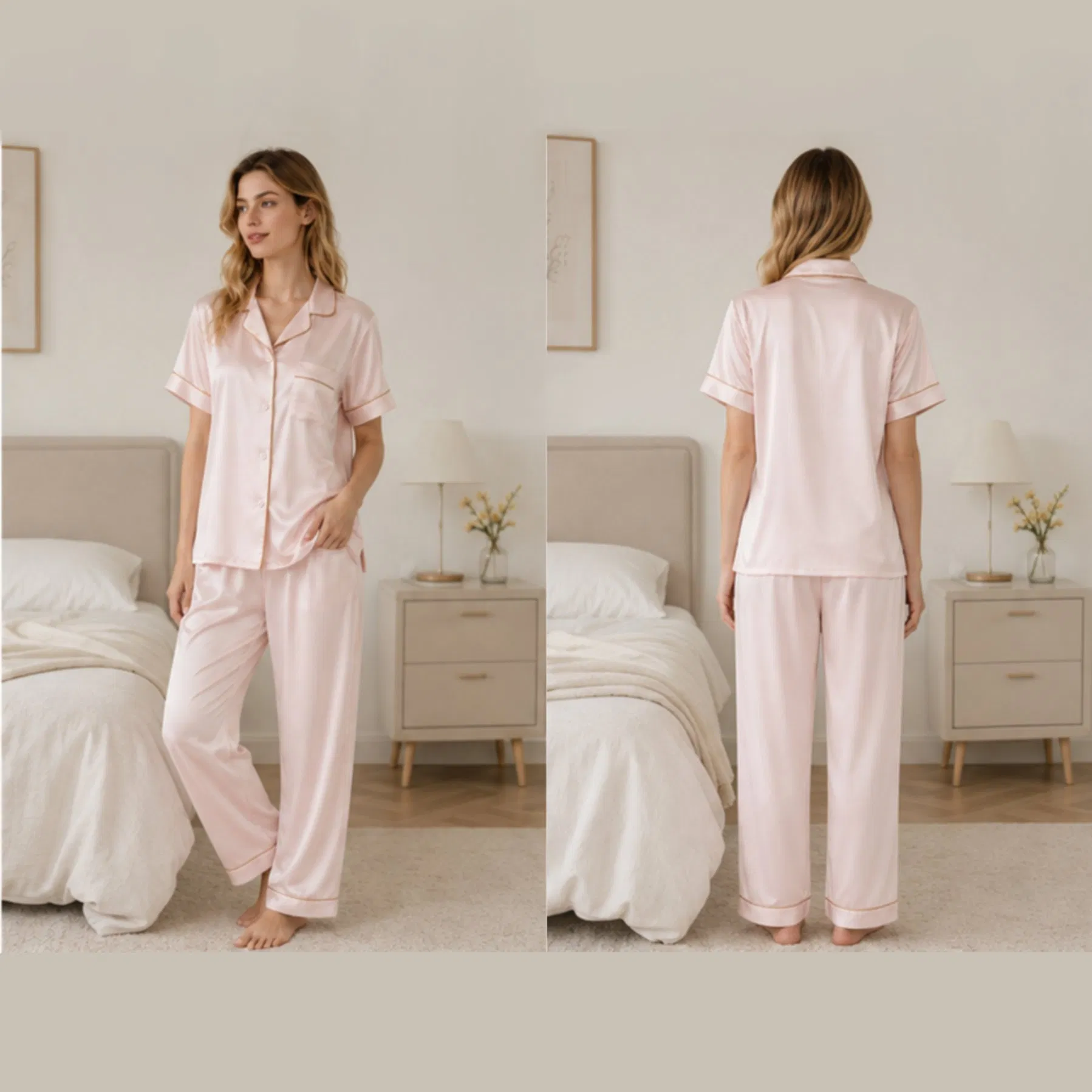 Conjunto de pijama de satén rosa para damas, manga corta, cuello de muesca, pantalones largos, ropa de dormir elegante, color personalizado, traje de noche para mujeres, stock disponible