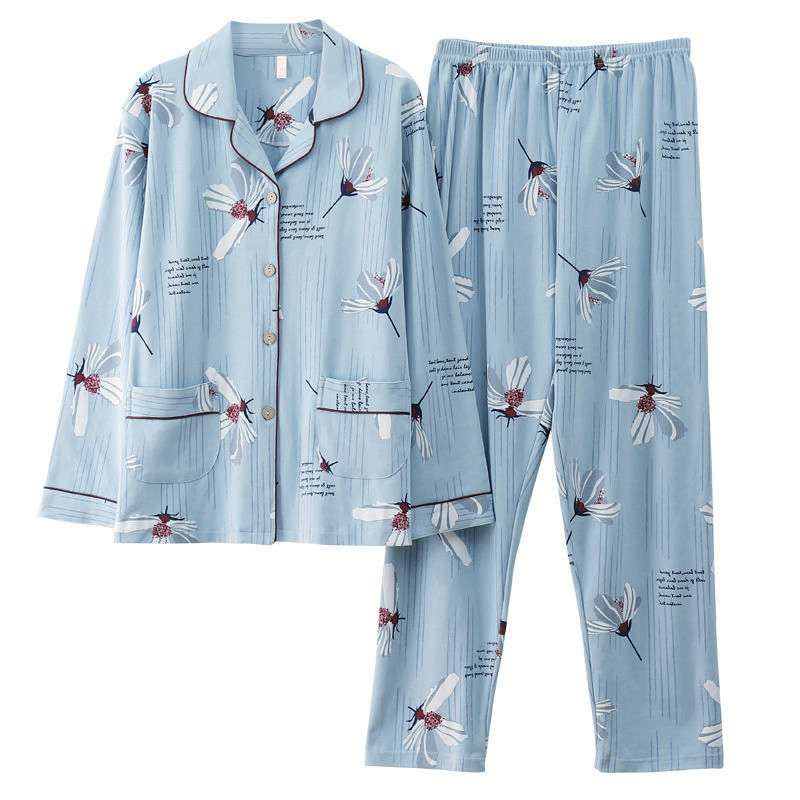 100% Conjunto de pijama de algodón para mujer, primavera otoño, de manga larga, con botones, estampado floral, ropa de casa, pijama