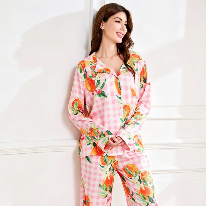 Conjunto de pijama de mujer de manga larga con cuello vuelto, suelto, impreso en rosa, otoño e invierno