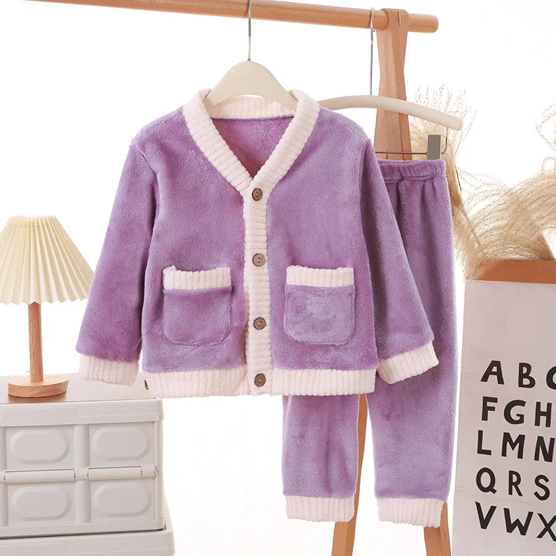 Conjunto de ropa interior para niños de felpa coral, pijamas para niños de otoño e invierno