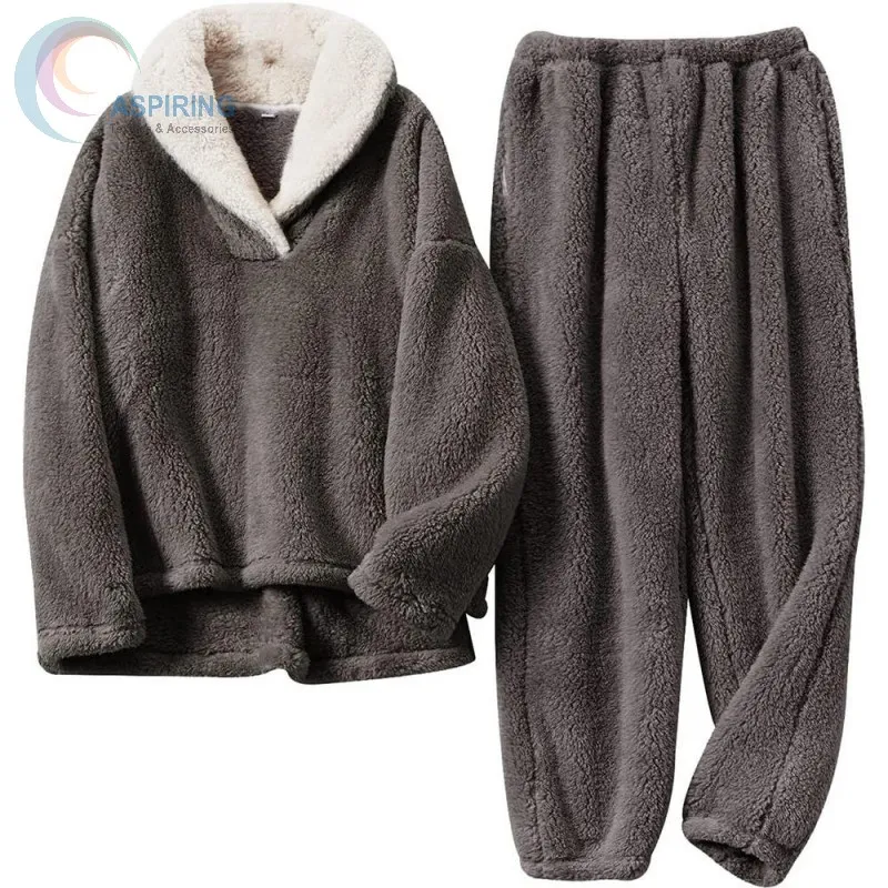 Conjunto de pijama de mujer de algodón de terciopelo grueso y cómodo para invierno