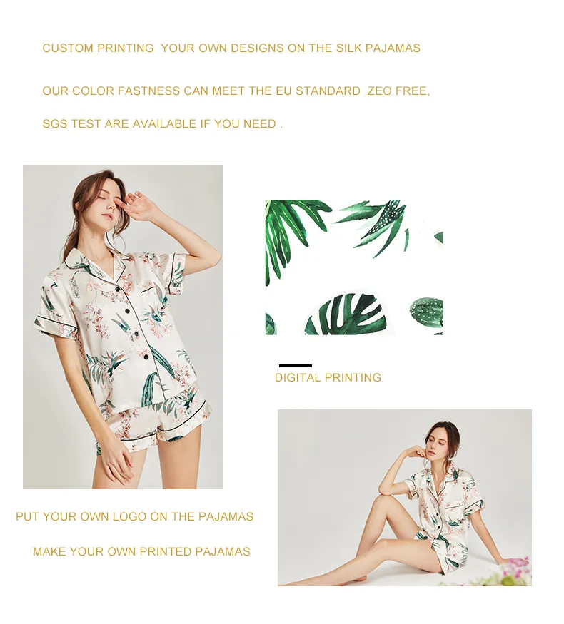 Conjunto corto de pijamas de seda impresos personalizados para dama