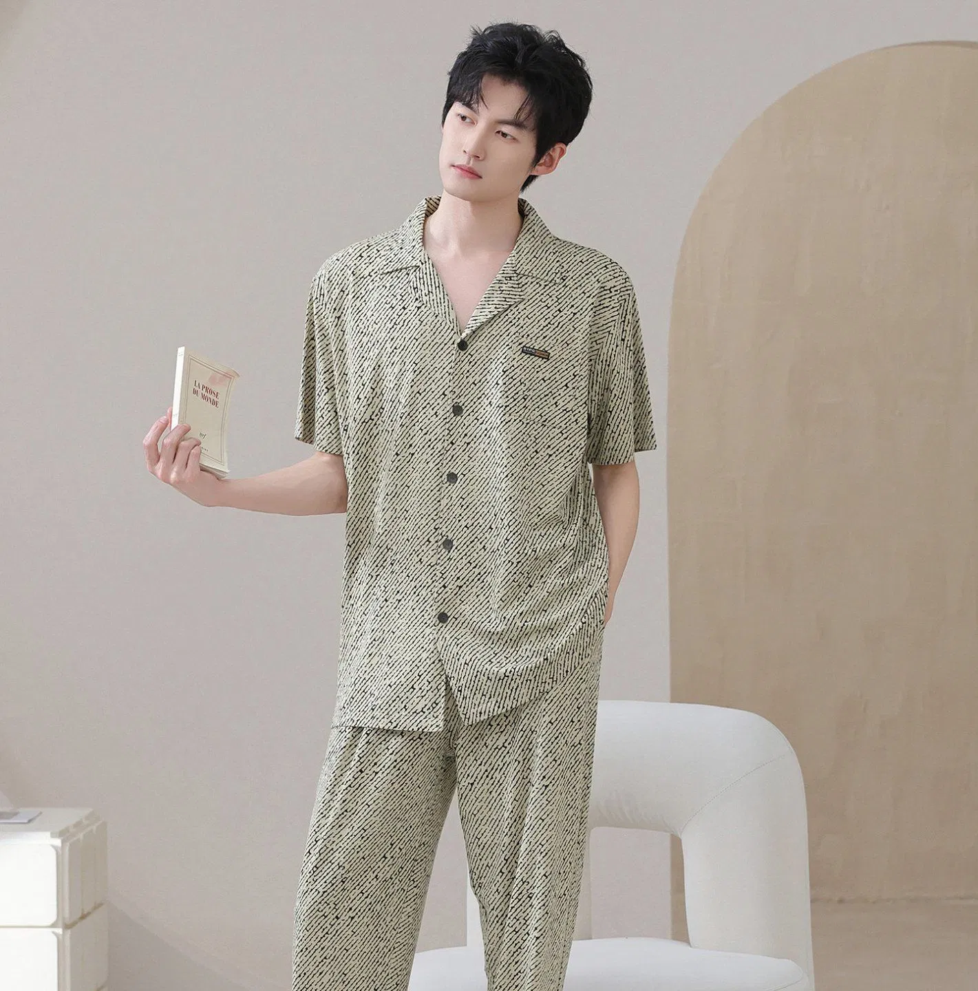Conjunto de pijama de lujo ligero de algodón puro para hombre, cárdigan abierto de verano de manga corta