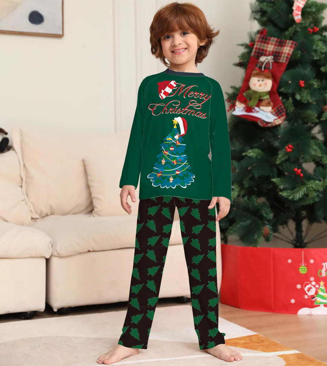 Conjunto navideño de alta calidad imitación algodón para padres e hijos, pijamas de hogar de manga larga con estampado de árbol de Navidad para la familia