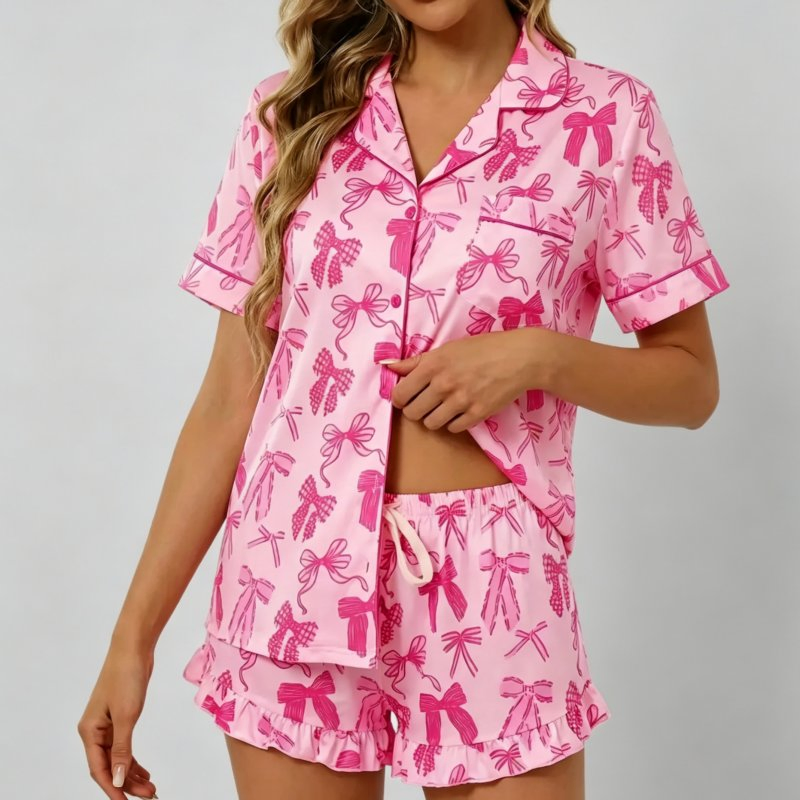 Nuevo conjunto de pijama de dibujos animados con cuello y mangas cortas para mujeres, ideal para primavera y otoño
