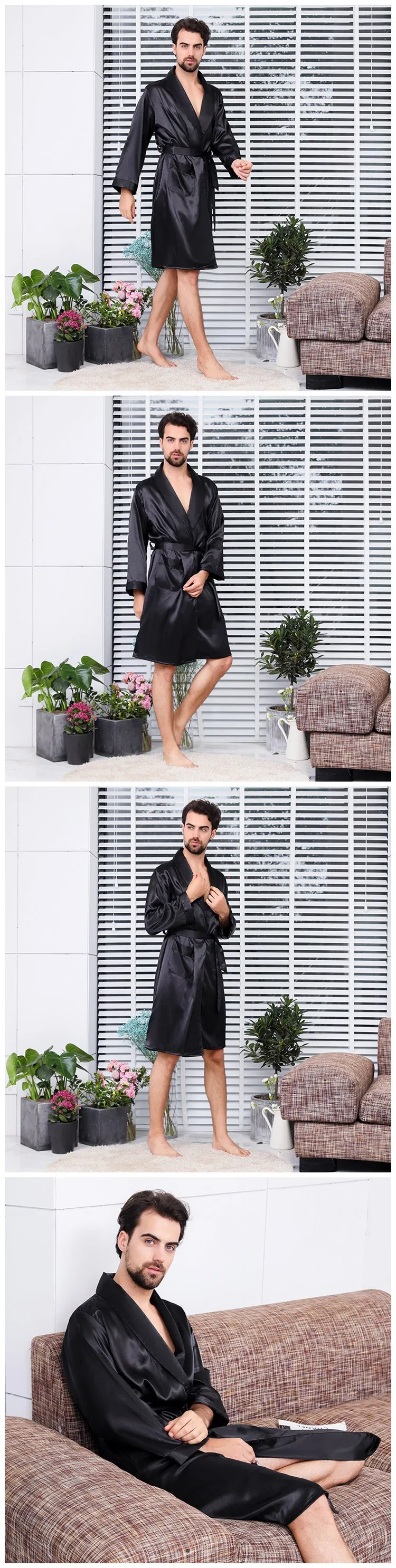 Ropa de noche de lujo de seda al por mayor para hombres, bata de dos piezas, pijamas de satén personalizados 3