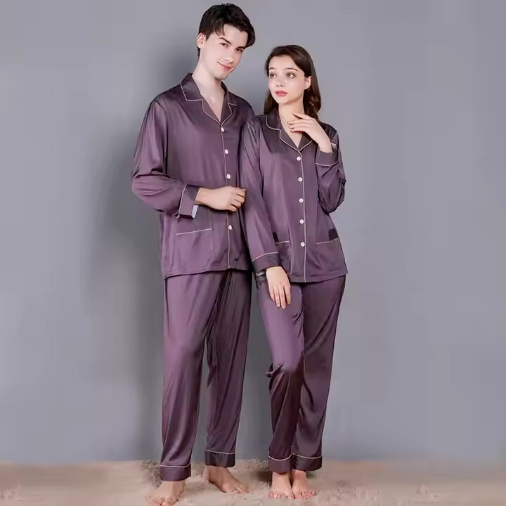 Ropa de dormir de satén liso al por mayor, ropa de casa de talla grande con bolsillos, pijamas de seda para hombres, camisones de dos piezas