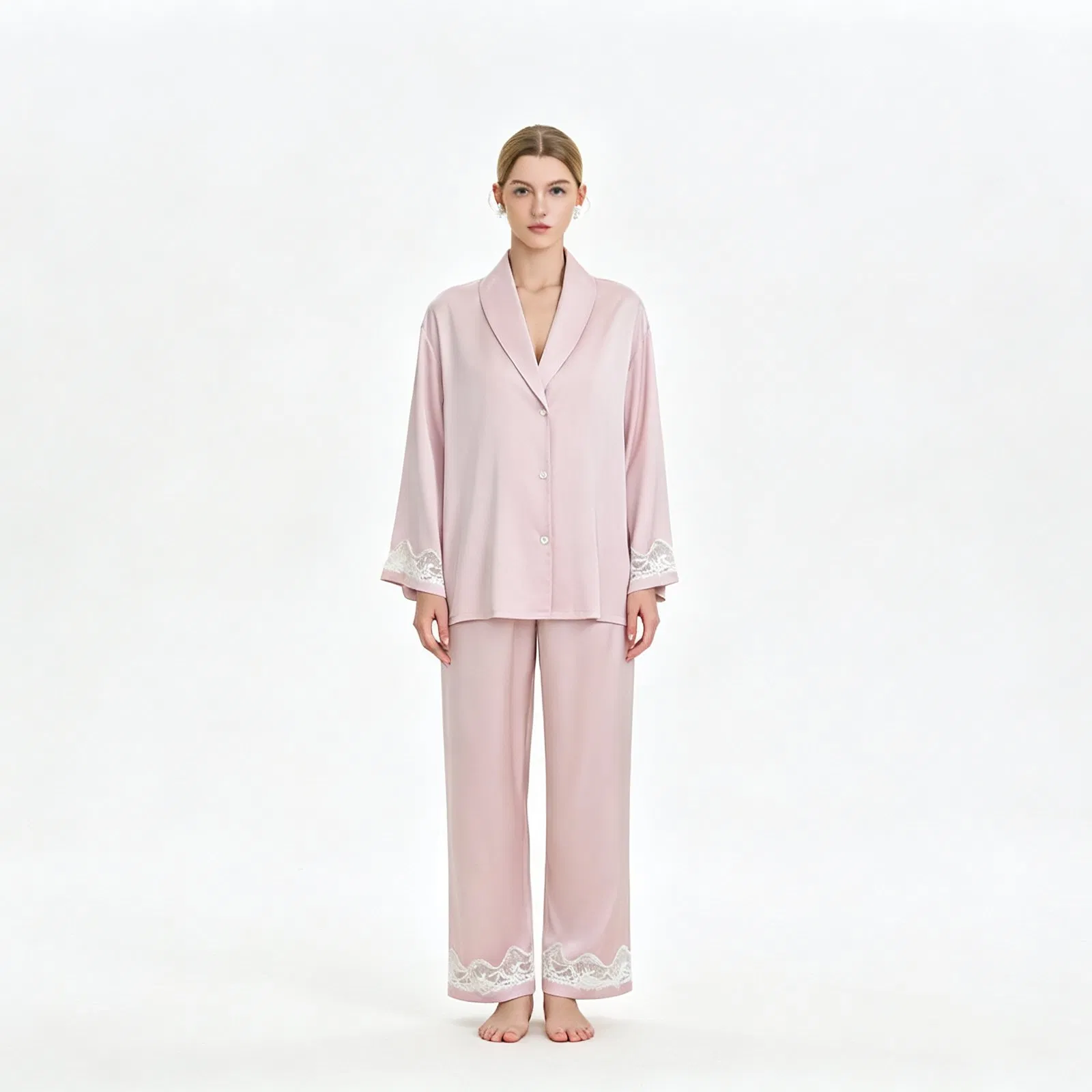 Conjunto de pijama de satén de lujo para mujer, con cuello en V, apto para todas las estaciones, para uso exterior y de descanso