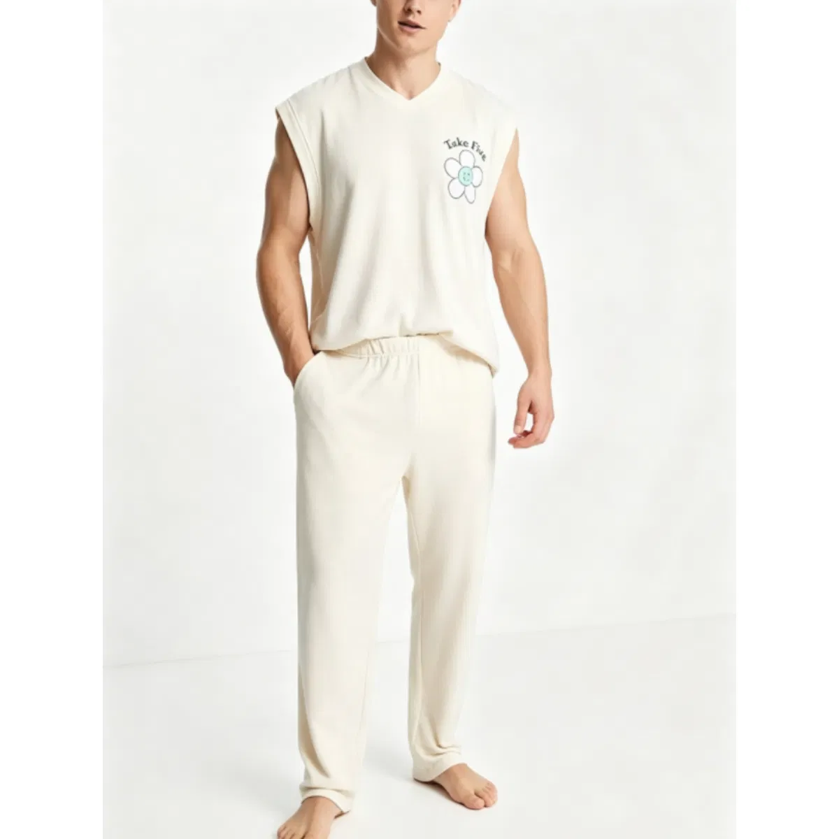 Conjunto de pijama de lujo para hombres, pantalones y chaleco con estampado gráfico de Ky Modal con cuello en V
