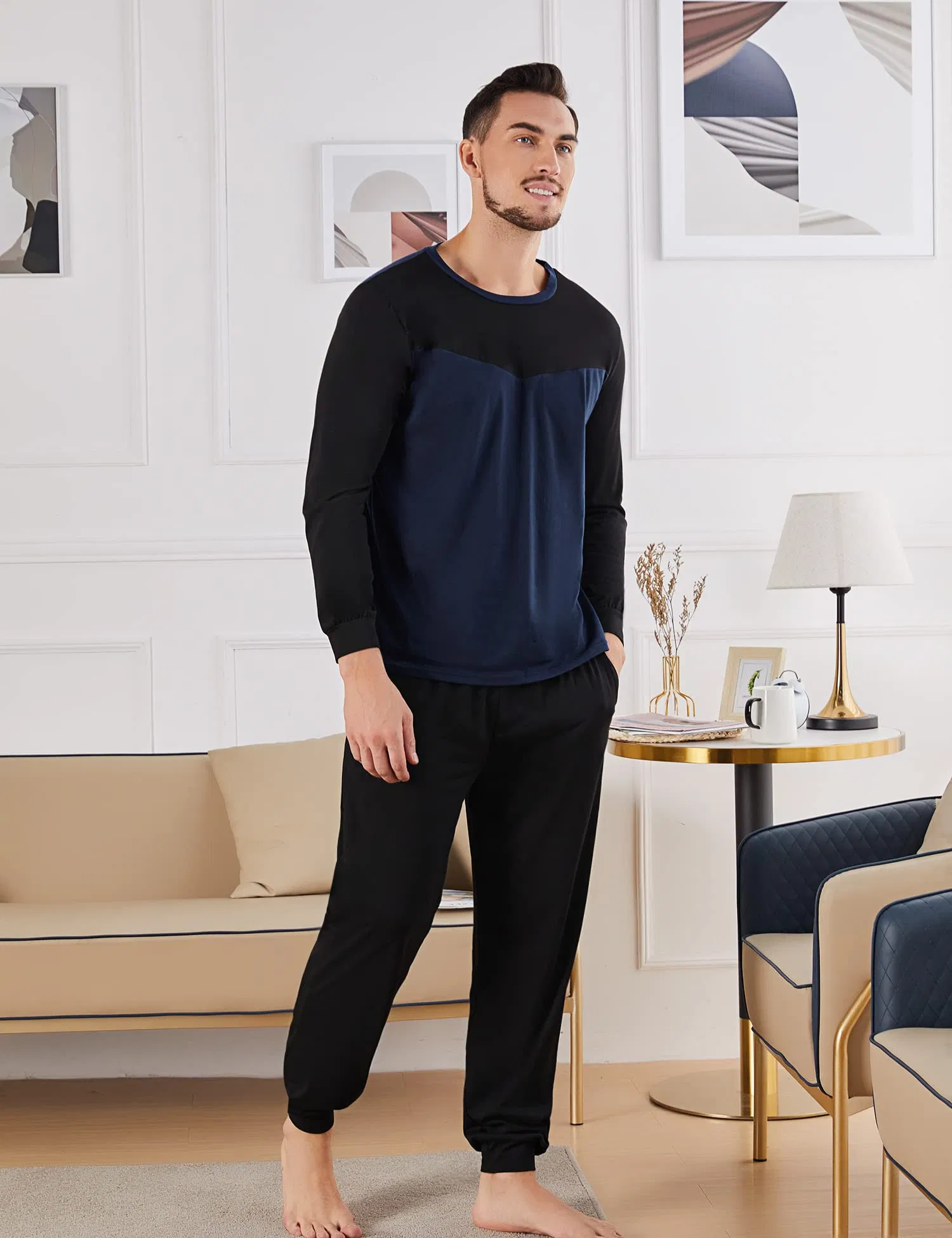 Pijamas de invierno para hombres, conjuntos de algodón cálido, pijamas de manga larga, pijamas de cuello redondo, ropa de dormir suave y cómoda, ropa de casa para hombres, dos piezas para hombres