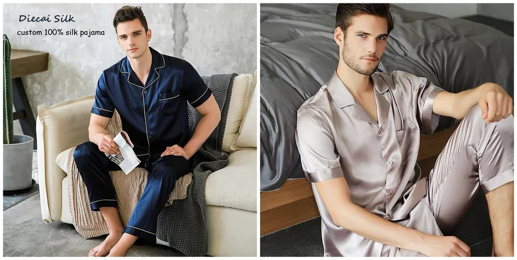 Pijama de dos piezas de seda pura para hombre, con camiseta de manga corta y pantalones