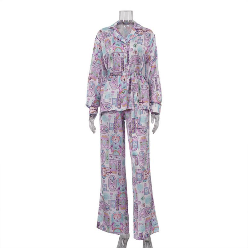 Conjunto de pijama impreso para mujeres, con mangas largas, adecuado para uso diario y exterior