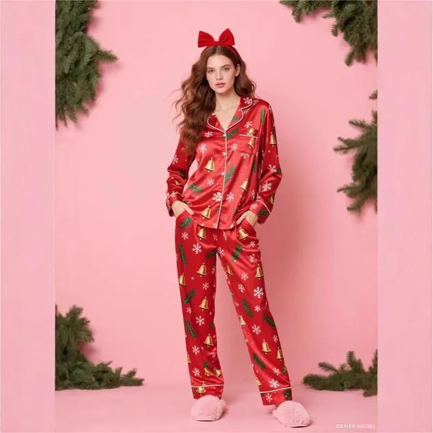 Conjunto de pijama impreso de manga larga casual con pantalones