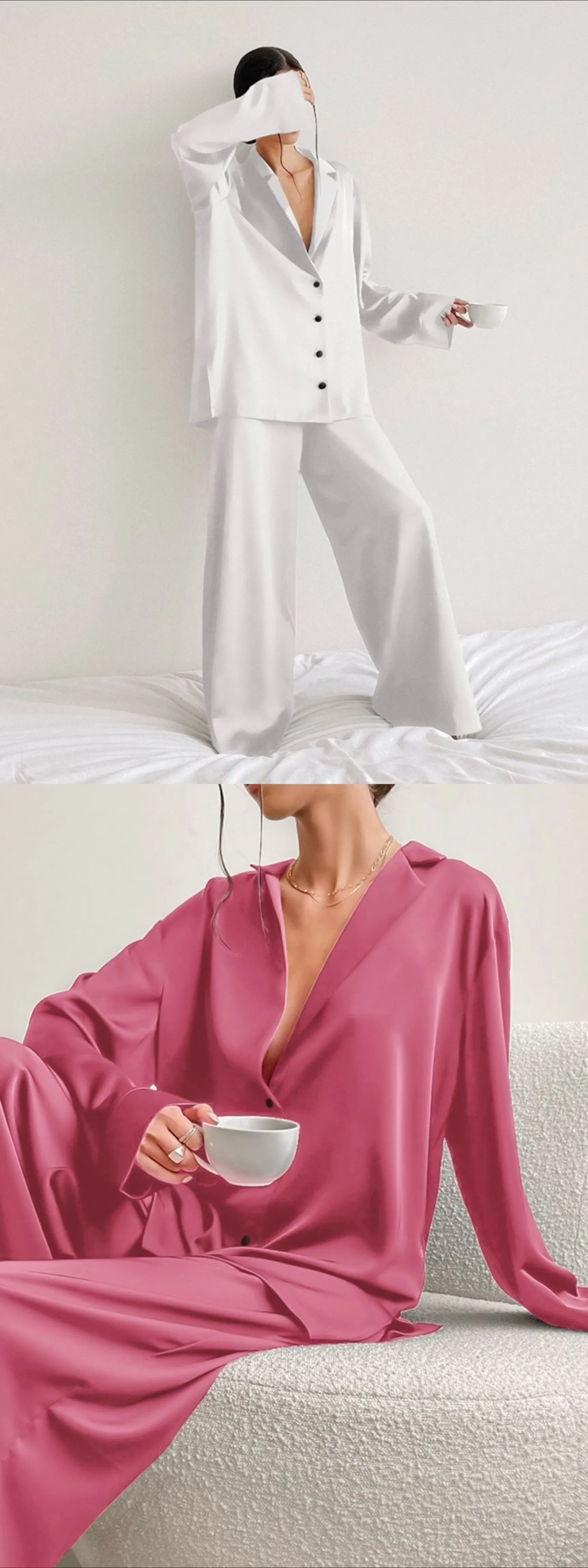 Conjunto de pijamas de dos piezas de camisa de satén suelta de manga larga y pantalón de pierna ancha estilo chica suave