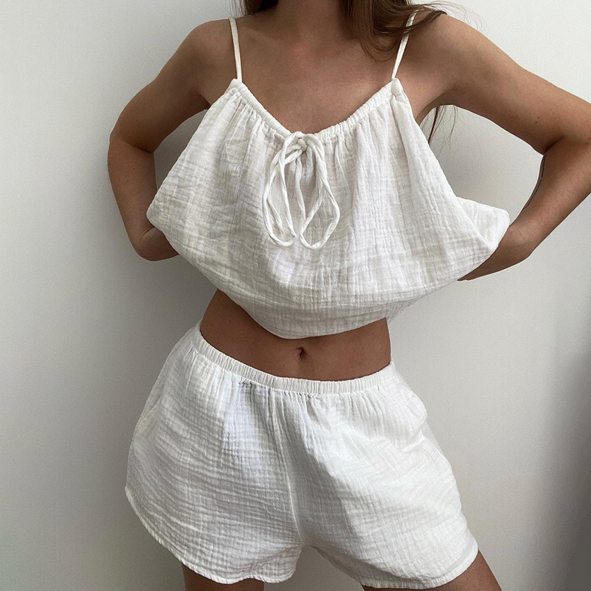 Conjunto de pijama de algodón crepe suave y transpirable, cómodo para el hogar, verano de chicas suaves