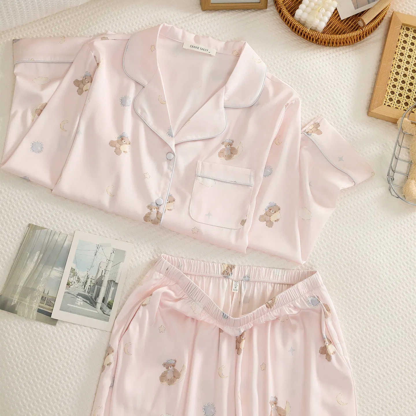 Conjunto de pijama de seda helada para mujer de primavera y otoño con solapa y pantalones largos 2-Piece