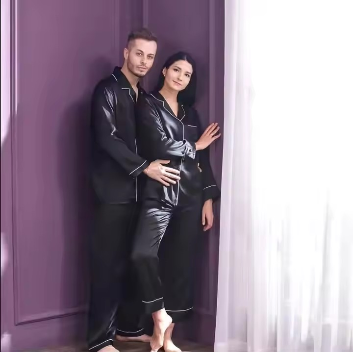 Lanzamiento de verano popular pijamas de pareja para mujeres de satén y hombres de seda XL, traje de ropa de casa unisex plus