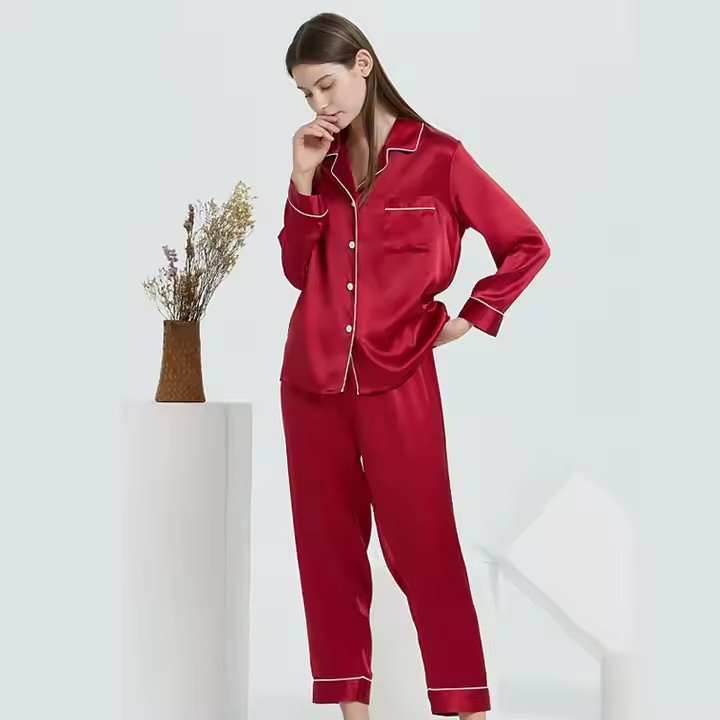 100% Conjunto de Pijamas de Seda Transpirable de Dos Piezas para Hombres con Mangas Largas Bata de Invierno Ropa de Noche Traje de Dormir